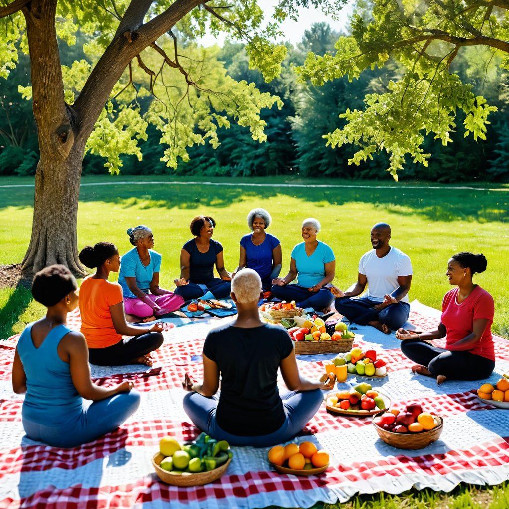 A serene scene depicting a diverse group of cancer survivors enjoying a colorful picnic filled with nutritious foods. Bright fruits and vegetables are laid out on a checkered blanket, while soft sunlight filters through surrounding trees. Each person is smiling, sharing stories and laughter, symbolizing emotional support and community. Include elements like yoga mats and an inspirational quote artfully placed in the background. vibrant colors. super-realistic.