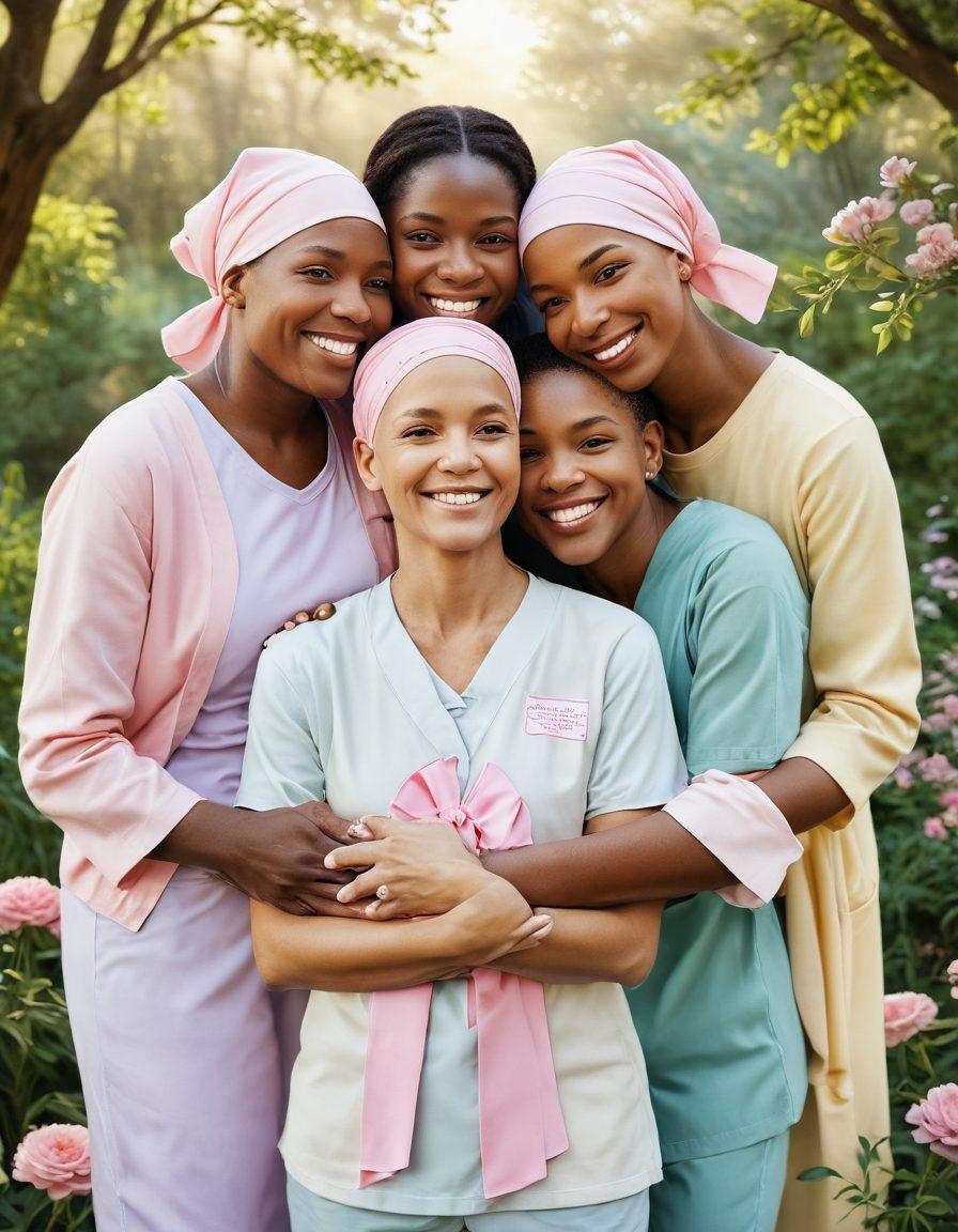 A powerful blend of diverse individuals, each representing different stages of cancer support: a caregiver offering a comforting embrace, a survivor sharing a hopeful smile, and a healthcare professional guiding them forward. Use soft, warm colors to convey a sense of hope and community, with a backdrop of a serene nature scene symbolizing healing. Include subtle symbols of awareness, like ribbons or hearts, intertwined throughout the image. super-realistic. pastel colors. warm lighting.