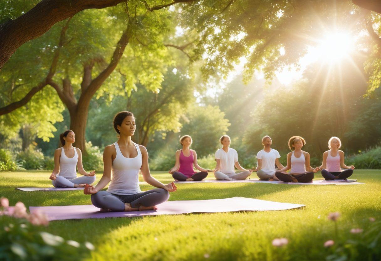 A serene landscape featuring a diverse group of people practicing yoga and meditation in a sunlit park surrounded by lush greenery, symbolizing wellness and unity. In the background, a healthcare professional discusses cancer prevention strategies with a small group, highlighting hope and education. Incorporate elements like vibrant flowers and sunshine to evoke positivity and vitality. soft lighting. super-realistic. vibrant colors.
